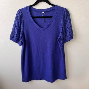 Unbranded Waffle Knit V-Neck with Lace Sleeves NWOT Royal Blue L